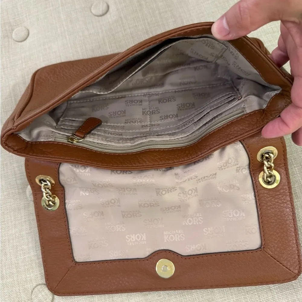 Michael Kors Cognac Pebbled Leather Shoulder Bag with Gold Chain
